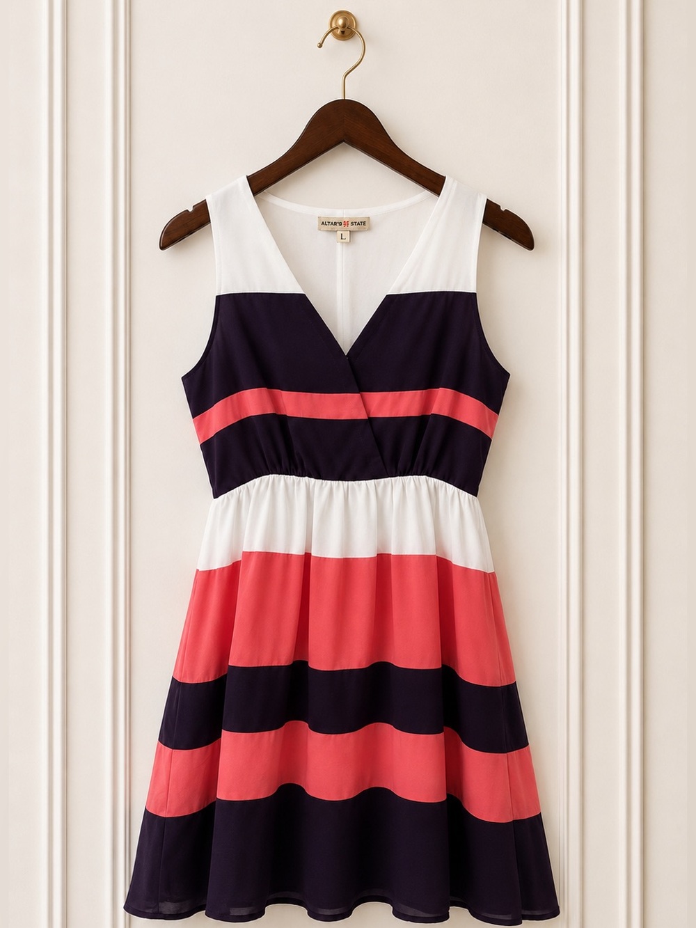 Altar’d State Colorblock Fit & Flare Dress Coral Navy White Size Large